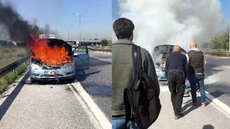 D100'de Otomobil Alev Aldı! Sürücü Çaresizce İzledi!